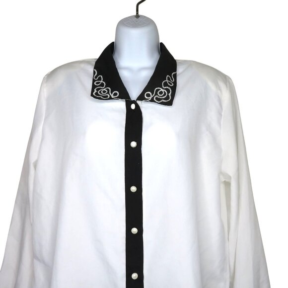 Vintage 80s Button-Up Blouse White Black Embroidery Collar Size 12 Western Style - Picture 6 of 12